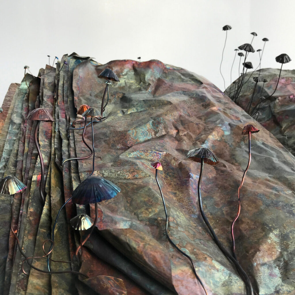 Book of Alchemical Secrets seen as a rippling copper landscape dense with copper mushrooms