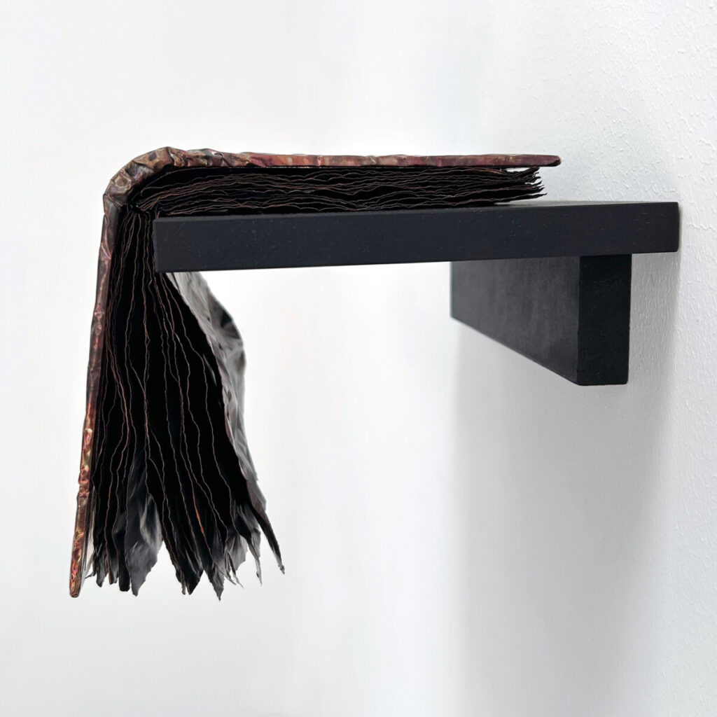 Guide to the Wilderness, a patinated copper artist's book draped over a black wall shelf, its cover set with a drypoint plate by Gunnar Norrman, side view with the copper pages hanging down like a cutain