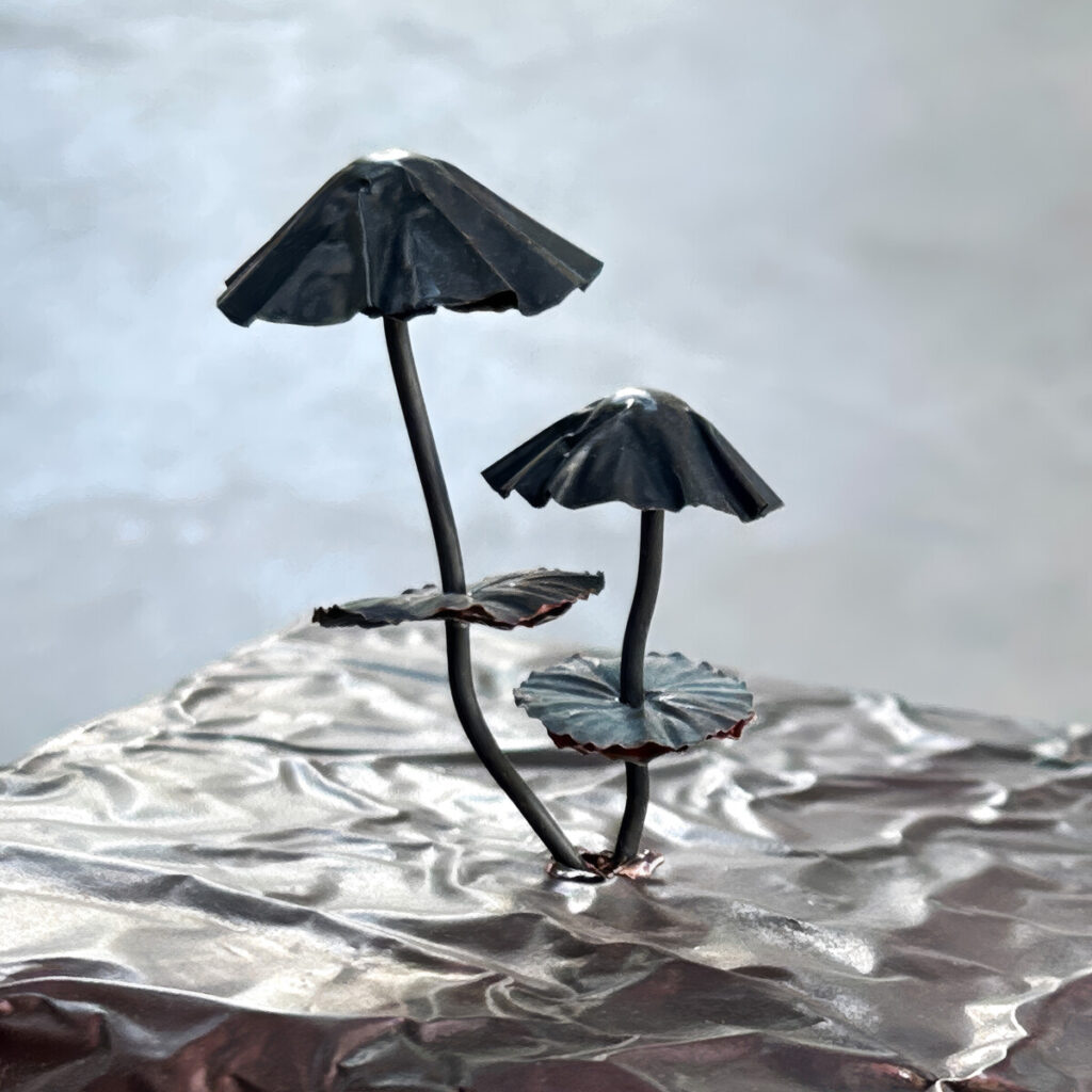 Detail of the copper mushroom sculptures growing through the cover of artist's book PhD Thesis: How to Manage Mushrooms