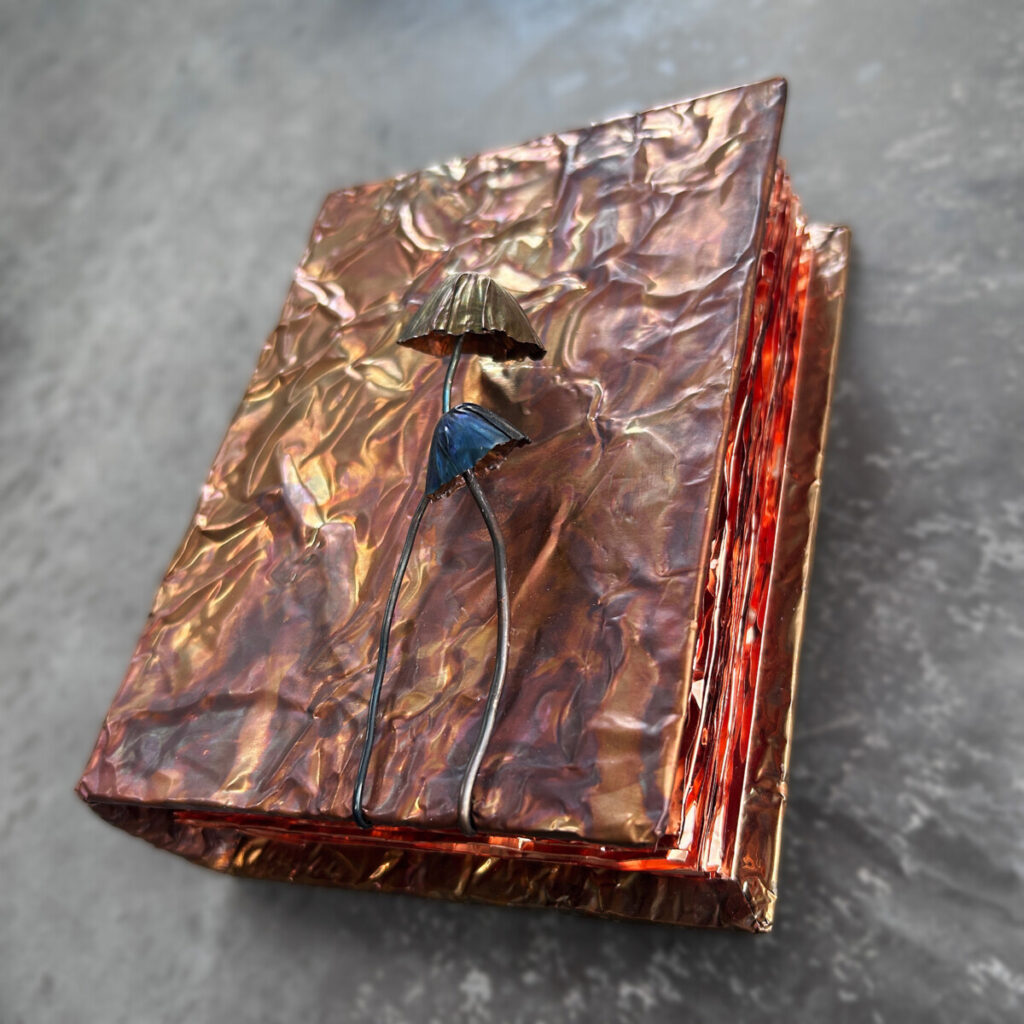 Nature Guide for Adventurers, a golden-toned patinated copper book with copper mushrooms on the cover