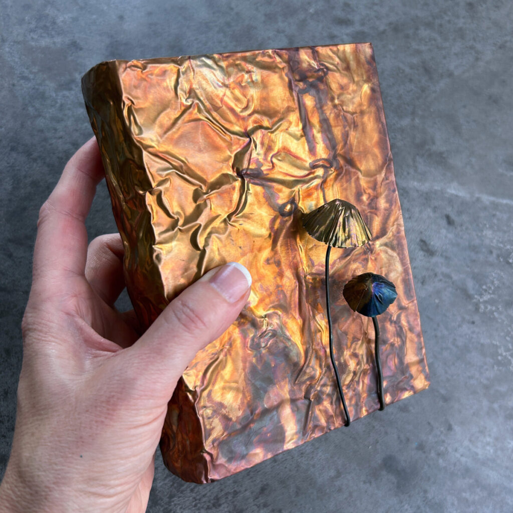 Nature Guide for Adventurers held in hand, showing the golden copper patina and a copper mushroom