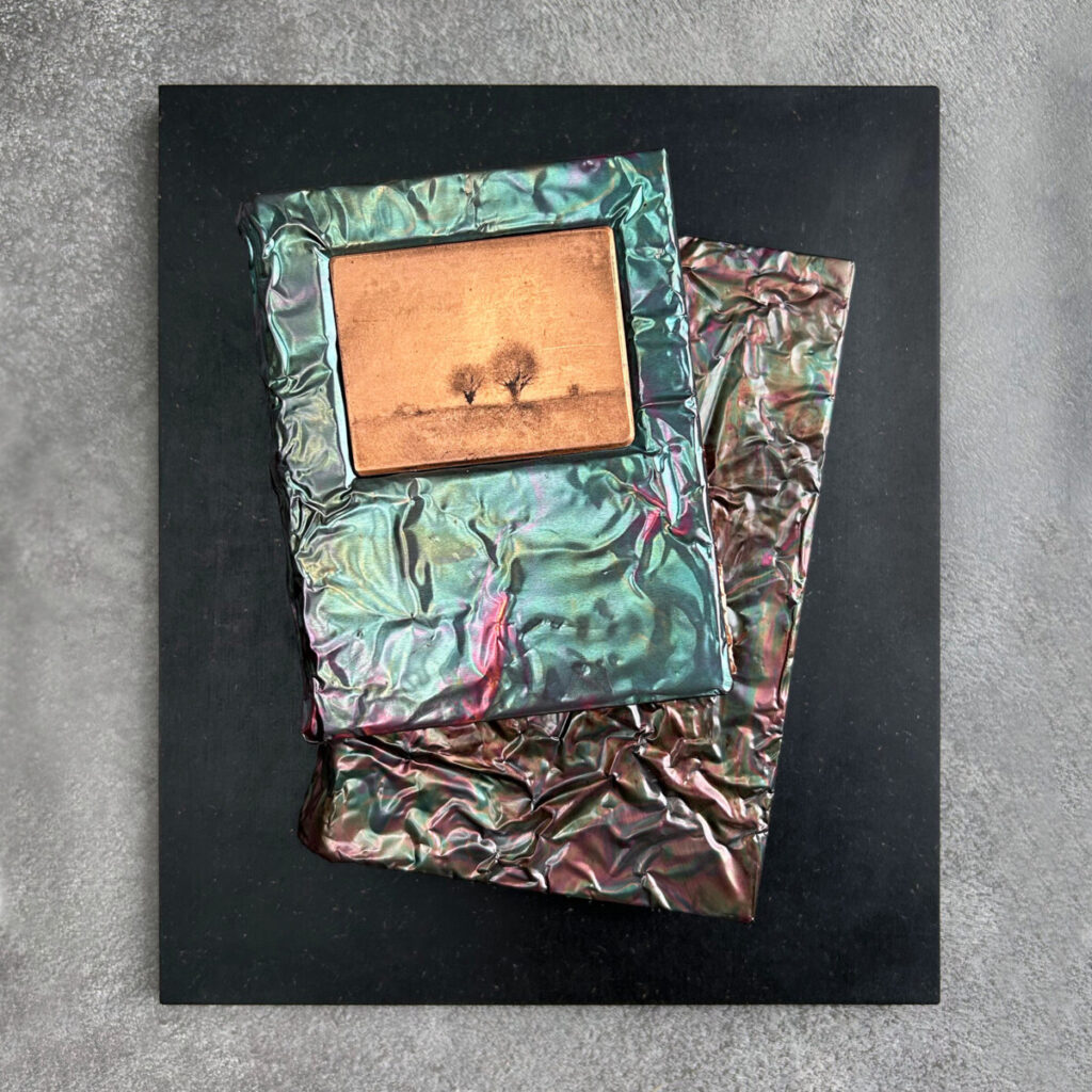 Two Unforgettable Seasons, a teal-green patinated copper, its cover set with a Gunnar Norrman drypoint plate showing trees, resting on top of a brown-purple patinated book on a black backdrop