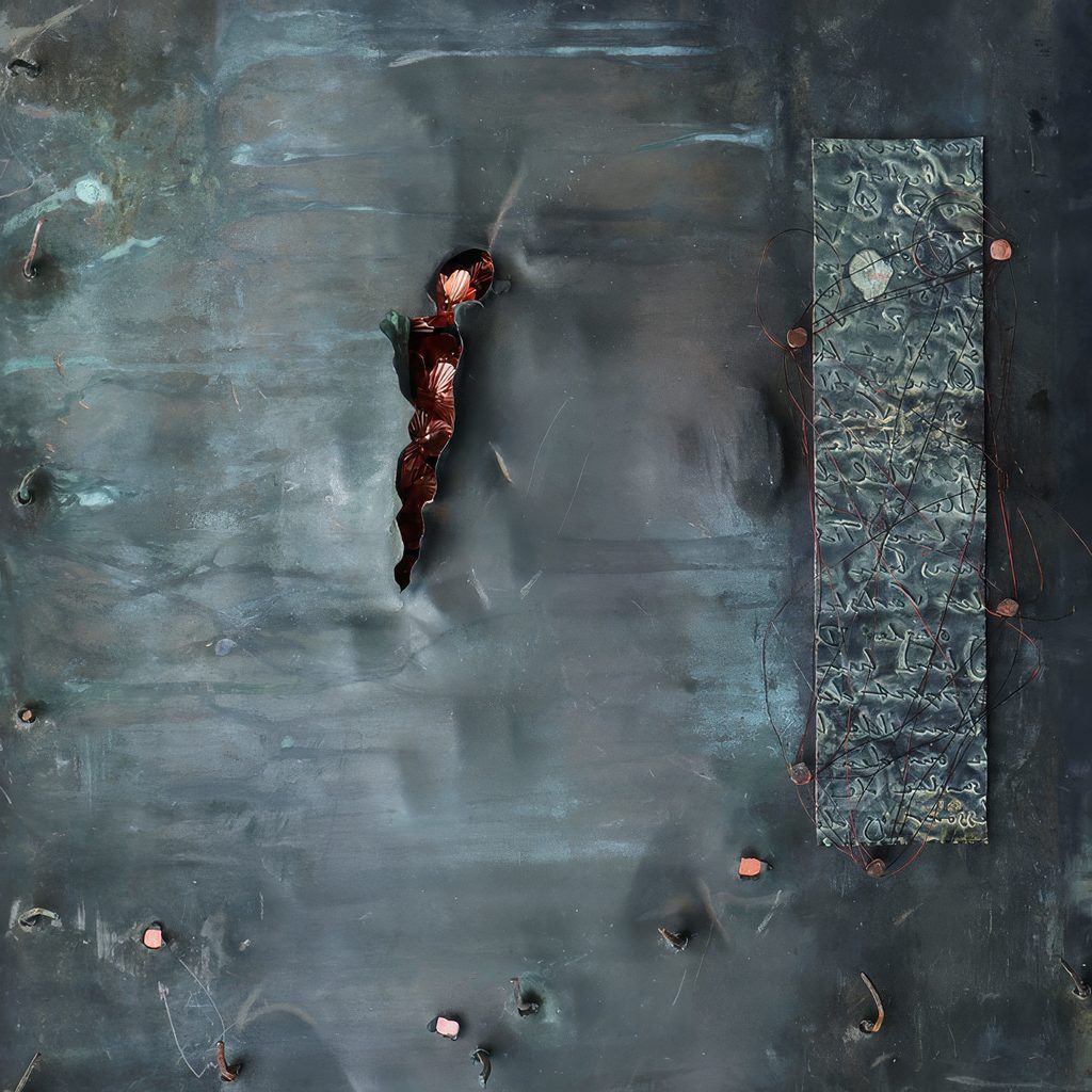 New Life – After All by Marie Louise Kold: an irregular rectangle of near-black patinated copper with some holes and some nails coming through them, a tear in the middle with bright copper flowers shoing underneath and a section of greeny-black patinated text and thin copper wire one side.